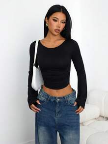 SHEIN PETITE 3件套女士纯色喇叭袖褶皱T恤，外出上衣，假日长袖露脐上衣，秋冬季，返校季，乡村音乐会，万圣节 - 彩色 - 查看 8