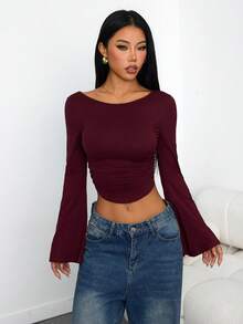 SHEIN PETITE 3件套女士纯色喇叭袖褶皱T恤，外出上衣，假日长袖露脐上衣，秋冬季，返校季，乡村音乐会，万圣节 - 彩色 - 查看 13