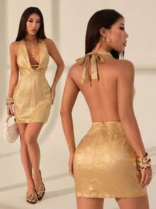 SHEIN PETITE 秋冬季纯金纹理深V露背迷你优雅连衣裙，金色连衣裙，性感秋季连衣裙，适合夜店派对、外出等场合，秋季女装，复古富贵，女士派对连衣裙 - 金色 - 查看 2