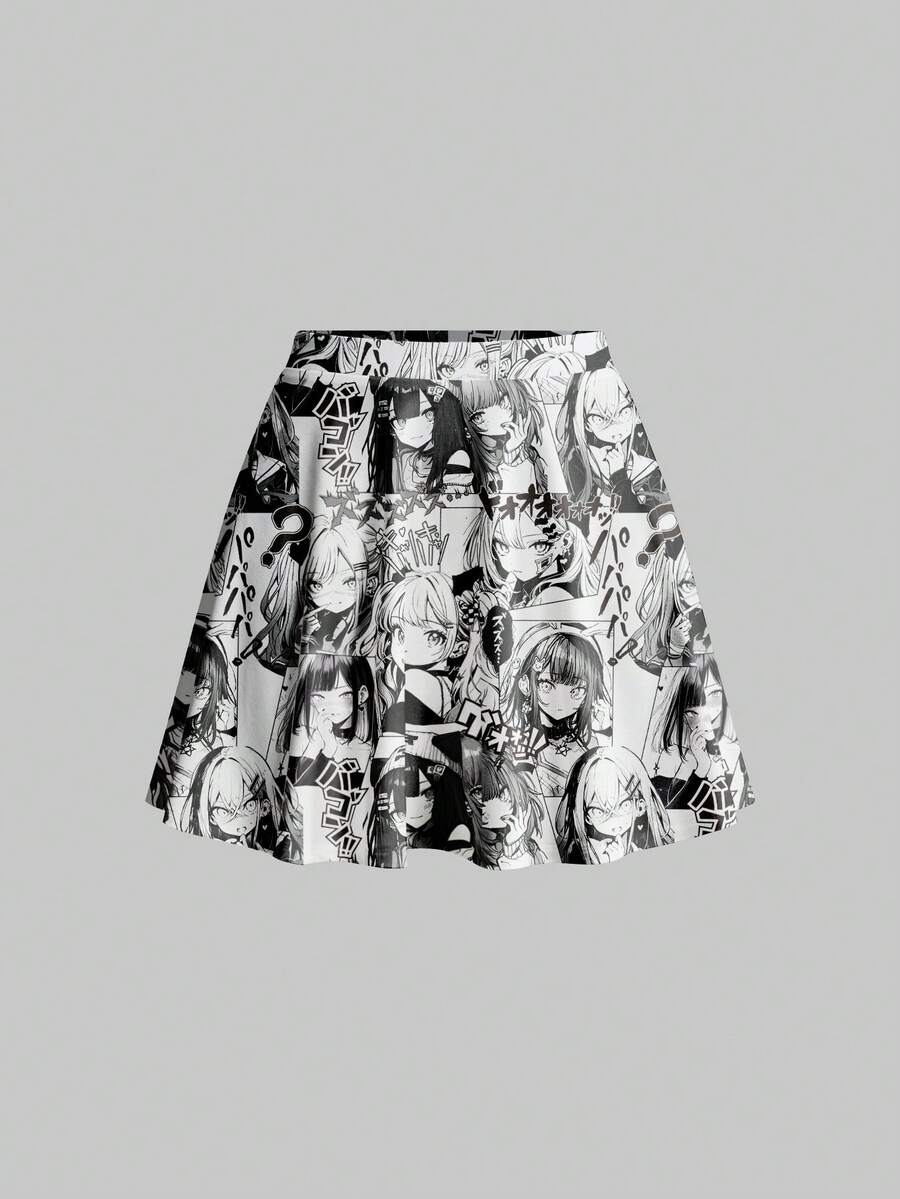 ROMWE Anime Women's Casual Cartoon Character Print Versatile Daily Wear Mini Skirt - Black - View 1