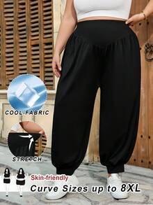SHEIN CURVE+ Curve 尺码 US22 音乐节、海滨度假、波西米亚风女士高腰宽松抽绳慢跑裤，舒适女裤 - 黑色 - 查看 7