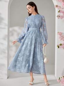 Veilorie 女士保守优雅浪漫镂空荷叶袖收腰长裙 - 灰藍色 - 查看 8