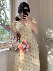 DAZY Vintage French Floral V-Neck Lace Trim Cinched Waist Maxi Dress Sundress Summer - Apricot - View 4