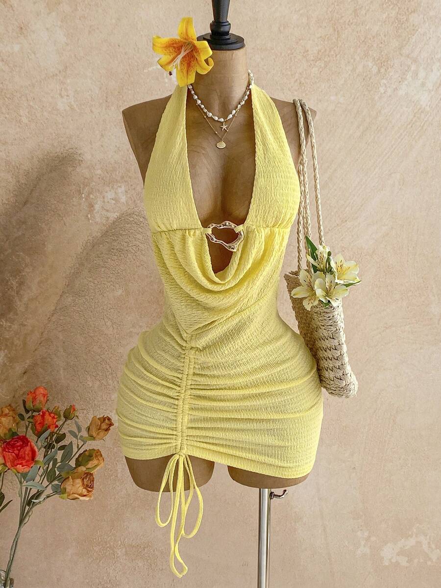 Soleia Women's Vacation Beach Solid Color Plunging Neck Drawstring Backless Mini Dress - Light Yellow - View 1