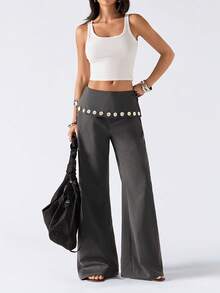 LYSMO 2026 New Arrive Minimalism Spring/Summer Women's Casual Flared Pants With Waist Fold Design And Buttons - Dark Grey - View 5