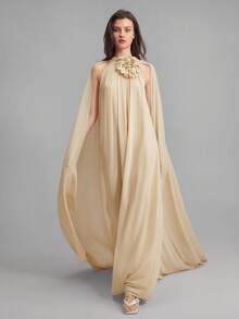 Ontre 斯德哥尔摩风格，女教师套装，秋季女装，女士雪纺3D立体花卉装饰荷叶边领连衣裙，派对晚礼服，婚礼季正式礼服，优雅高贵的女士服装 - 卡其色 - 查看 5