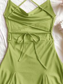 Soleia 女士度假吊带迷你连衣裙，深V领，露背，蝴蝶结，鱼尾裙摆，性感风格，迷你裙，及膝长度，购物，浪漫，约会，海滩装扮，网纱，年轻，少女风 - 綠色 - 查看 5