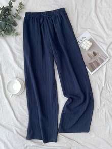 SHEIN 少女休闲度假蓝色编织纹理宽松裤 - 藍色 - 查看 6