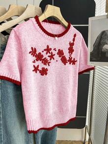 SHEIN Franclia New Arrival Casual Loose Floral Sweet Retro Women Knit Sweater, Spring/Autumn - Baby Pink - View 4
