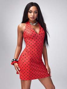 Y2Kool Vecteezy 女士波点印花深V领紧身迷你连衣裙 - 紅色 - 查看 4
