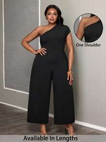 SHEIN PETITE CURVE 大码纯色休闲连体裤 - 黑色 - 查看 1