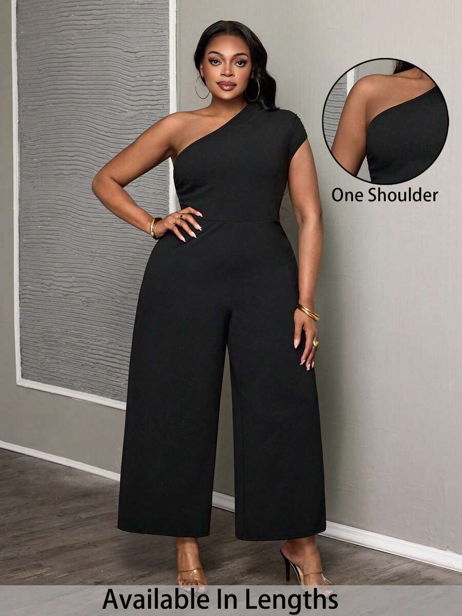 SHEIN PETITE CURVE 大码纯色休闲连体裤 - 黑色 - 查看 1