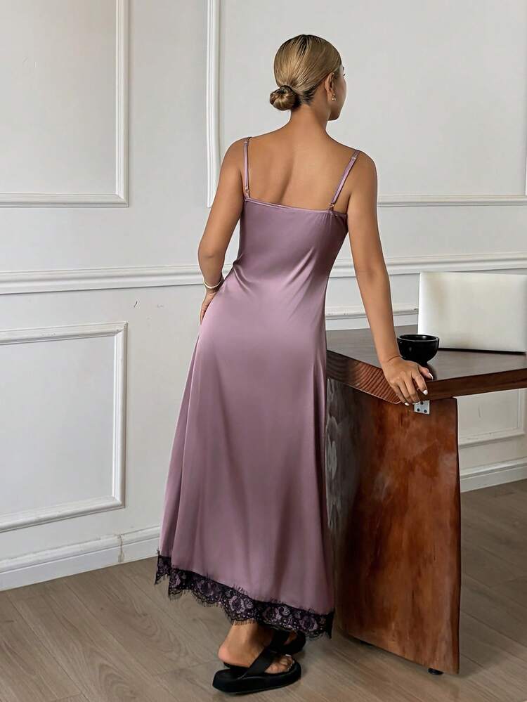 Sexy Contrast Color Lace Patchwork Satin Waist Slip Dress For Women, Spring/Summer
