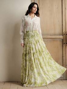 Anewsta Romantic Elegant French Chiffon Floral Skirt, Fashionable Design Pleated Midi Skirt, Spring/Summer New Arrival - Lime Green - View 1