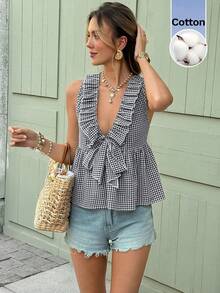 Serisse 女士V领无袖荷叶边格子夏季褶皱衬衫 - 彩色 - 查看 7