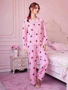 条纹草莓印花睡衣套装，甜美可爱翻领纽扣长袖上衣和长裤，女士睡衣家居服套装，秋冬 - 粉色 - 查看 8