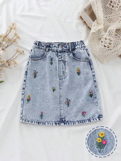 Tween Girls Denim Skirt Spring Summer New Sweet Fresh Light Blue Washed Denim Small Flower Embroidery A Line Short Skirt Snug Fit Comfortable Premium Cotton Denim Daily Basic School Outfit Vacation Cotton Spring Summer Wear Children's Denim Skirt Kids Girl Short Skirt