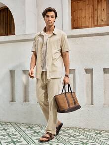 Ensemble de tenue en lin pour hommes Mercer Haus, chemise à manches courtes & pantalon, pour les vacances d'été et les tenues de plage - Kaki - Voir 5