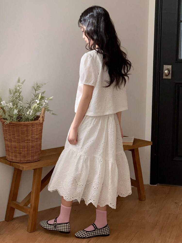 Tween Girl Solid Color Button-Front Round Neck Short Sleeve Shirt And Ruffle Hem Mini Skirt Set