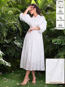 Modelyn Damen minimalistische weiße Lässig Kurzarm Taille geraffte Slim Fit Kleid - Weiss - Übersicht 6