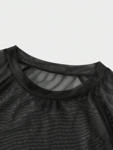 AXEPEAK Men's Fashionable Street Sexy Sheer Mesh Raglan Short Sleeve T-Shirt, Summer - Black - View 4