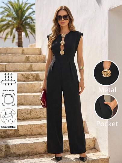 Editum Pantaloni larghi neri in maglia eleganti e minimali con decorazione in metallo, modellanti per le donne