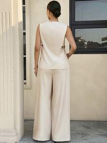 MaterniWear Summer Outfit  Maternity Work Clothes Maternity Work Outfits 2pcs Elegant Two-Piece Suit With Apricot-Colored Shirt And Vest For Pregnant Women Commuting  Maternity Casual Solid Color Tank Top & Adjustable Waist Pants Set Old Money Style Commute Outfits - Khaki - View 3