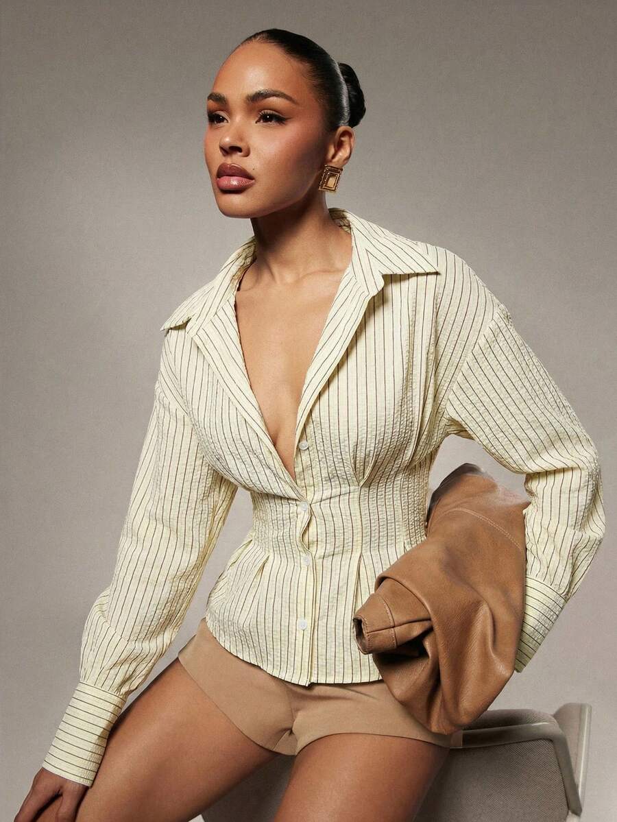 Hauture 女士休闲通勤条纹腰部纽扣前开襟长袖衬衫，秋季款 - 黃色 - 查看 1