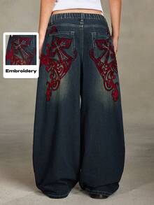 ROMWE Grunge Punk Punk Distressed Cross & Vine Washed Plus Size Straight Leg Extra Long Plus Size Women Jeans - Blue - View 1