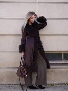 ORNATELLA 女士优雅修身仿皮草泰迪绒拼接长款仿皮草外套，冬季 - 棕色 - 查看 1