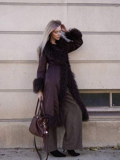 ORNATELLA 女士优雅修身仿皮草泰迪绒拼接长款仿皮草外套，冬季
