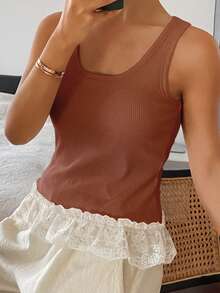 DAZY Lace Patchwork Sleeveless Tank Top For Women - Camel - View 5