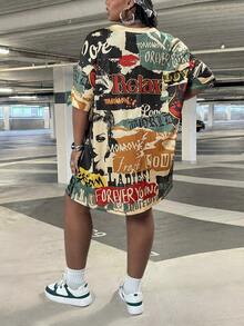 SHEIN CURVE+ 大码女式V领短袖宽松休闲针织迷你连衣裙，Y2K风格街头风，复古海报图案，返校季，运动季 - 彩色 - 查看 2