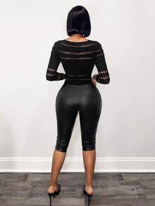 SHEIN BamGlam Women's Sexy Hollow-Out Mesh Sheer Bodysuit - Black - View 2