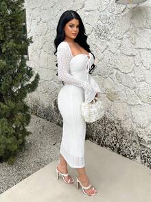 SHEIN SXY 全白性感蕾丝长袖镂空紧身连衣裙 - 白色 - 查看 5
