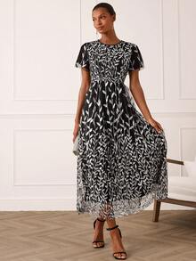 Lilora 女士优雅刺绣网纱长裙 - 黑色 - 查看 5