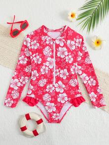 Girls' Long Sleeve Ruffled Rashguard Swimsuit - Multicolor - View 1