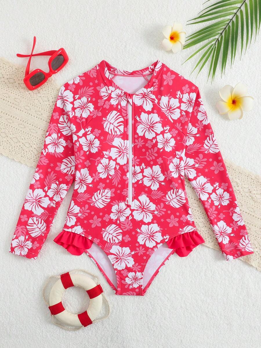 Girls' Long Sleeve Ruffled Rashguard Swimsuit - Multicolor - View 1