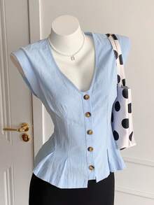 Comfortcana 女士夏季休闲通勤简约纯色V领荷叶边下摆腰部衬衫 - 藍色 - 查看 6