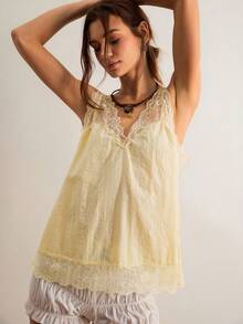 Freevana Women's Pale Yellow Summer Elegant Tea Party Boho Deep V-Neck Lace Trim Cotton Textured Loose Cami Top Sleeveless Babydoll Vintage Blouse - Pale Yellow - View 8