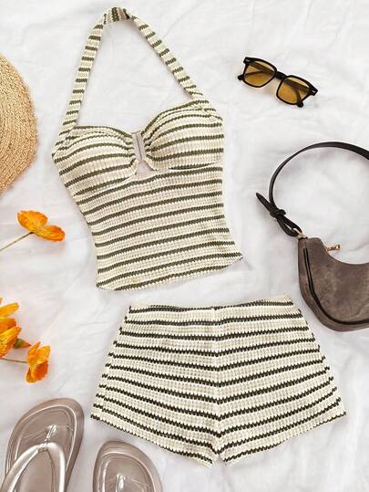 Soleia Women's Striped Print Halter Neck Tank Top And Elastic Waist Shorts Casual 2-Piece Set
