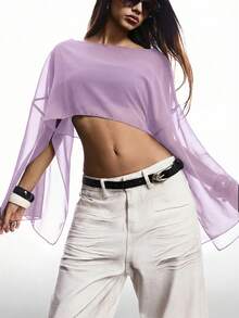 SHEIN EZwear Women's Solid Color Cape Sleeve Sheer Cropped Shirt,Summer Top - Mauve Purple - View 4