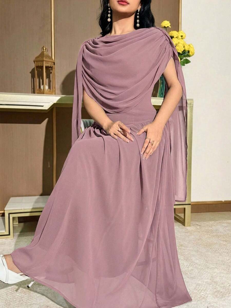 Modelyn 女士优雅派对纯色褶皱长裙 - 藕粉色 - 查看 1