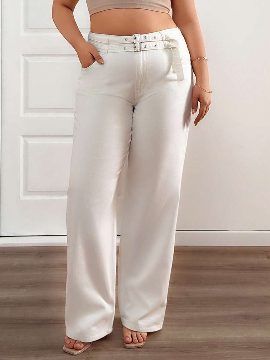 EURMUSE Plus High Waist Belted Straight Jean White Dress Pants Cream Pants White Wide Leg Pants Womens White Pants - White - View 1