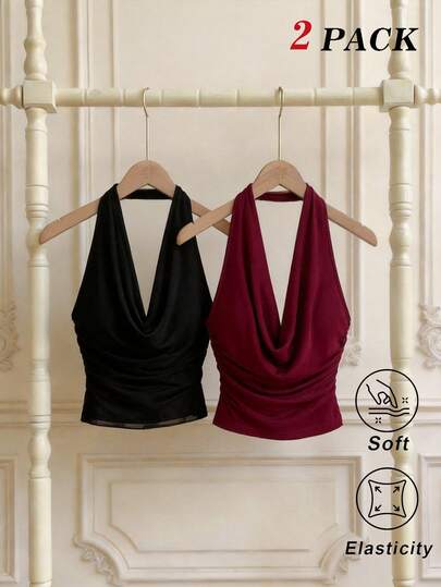 SHEIN MOD 2件套女士垂褶领口亮片吊带背心，黑色和酒红色