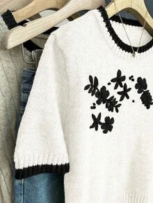SHEIN Franclia 新款休闲宽松碎花甜美复古女式针织毛衣，春秋季 - 白色 - 查看 4