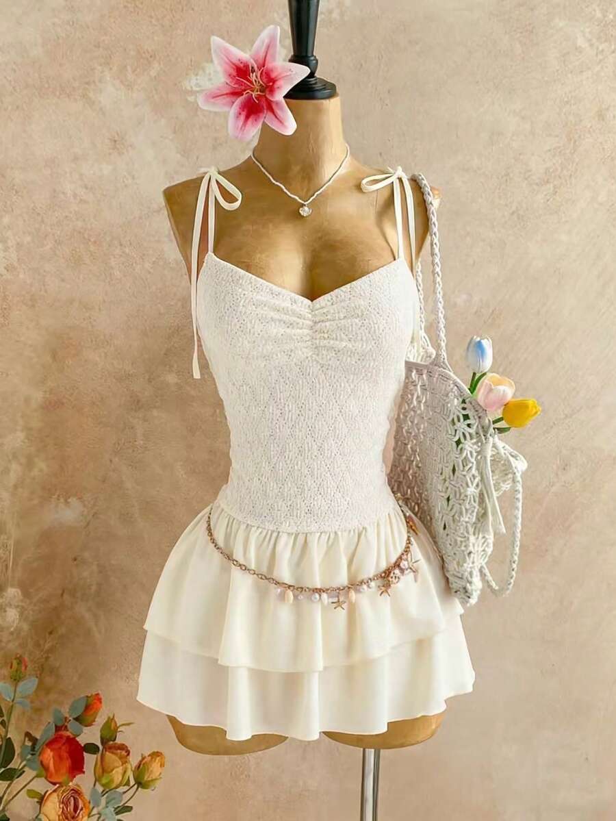 Sweetra Spring & Summer Sweet Girl Textured Camisole Tie-Up Jacquard Fabric Pleated Bustier Patchwork Double-Layer Ruffle Hem Women White Dress - Yellow - View 1