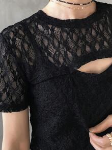 FRIFUL Women's Round Neck Lace Fabric Hollow Out Cropped Sheer Top - Black - View 4