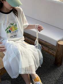 DAZY Tween Girl Round Neck Letter & Fruit Print Casual Vacation Daily Wear Short Sleeve Dress - White - View 5