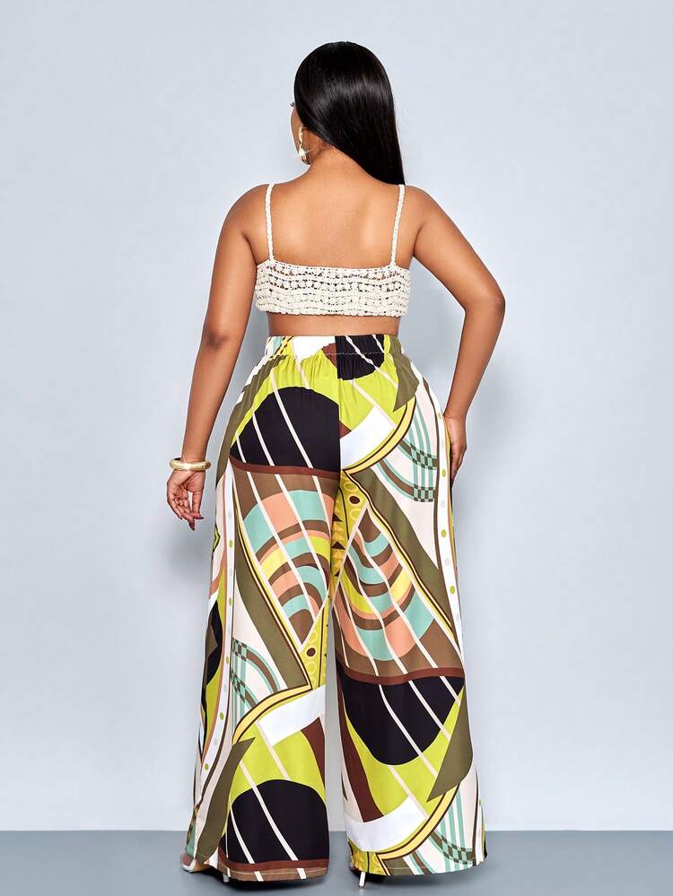 SOLERSUN Plus Size Women's Casual Geometric Floral A-Line Wide-Leg Pants For Spring And Summer, Suitable For Vacations, Commuting, And Everyday Wear. - Multicolor - View 7